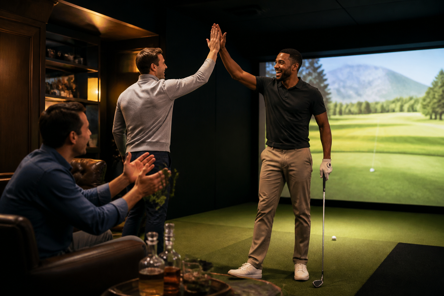 Friends celebrating a great golf shot with a high-five