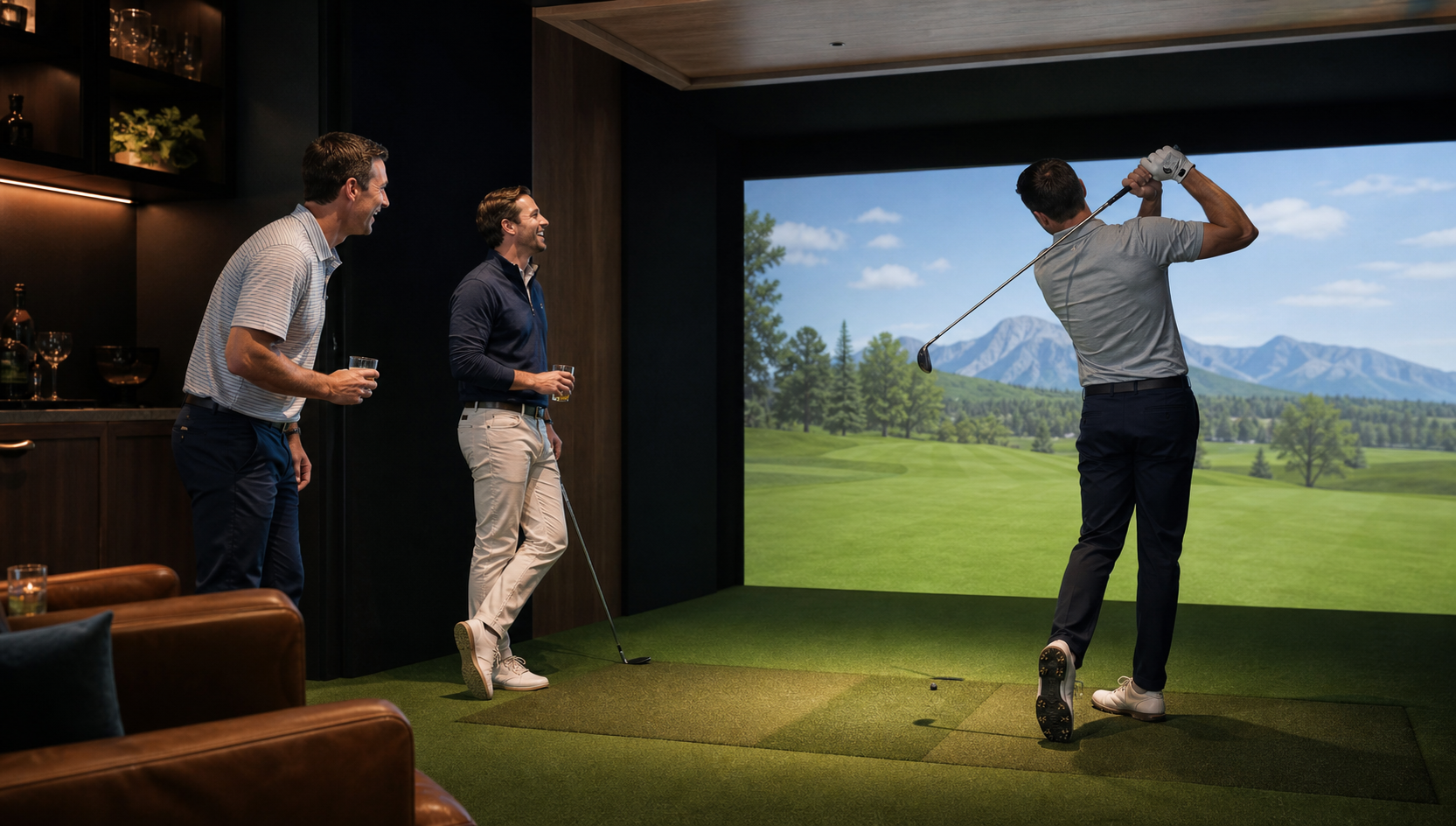 Three friends enjoying a round in an upscale indoor golf simulator