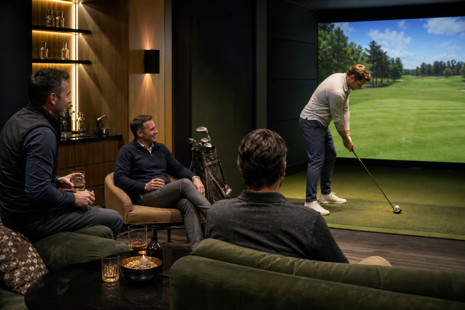 Friends relaxing together beside a premium indoor golf simulator